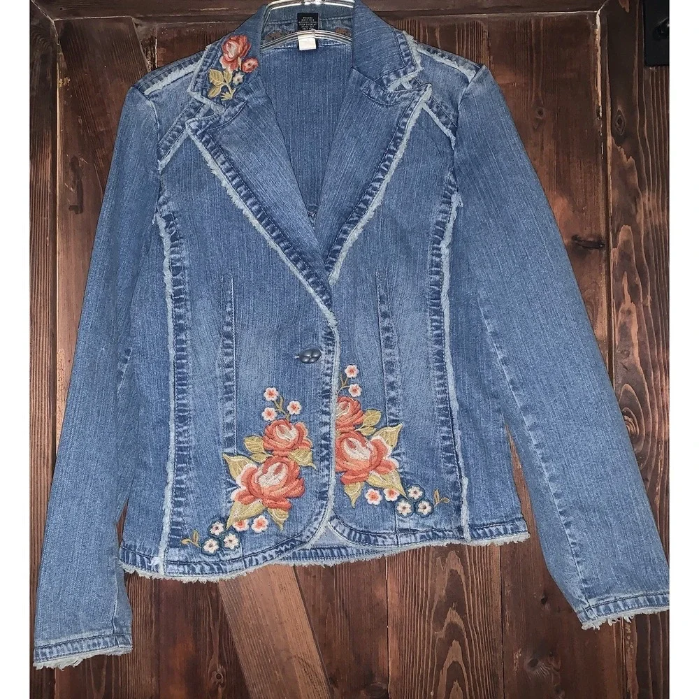 Vintage Y2K Kikit Jeans Denim Jacket Floral Embroidered Women's M Boho Hippie - Picture 1 of 6
